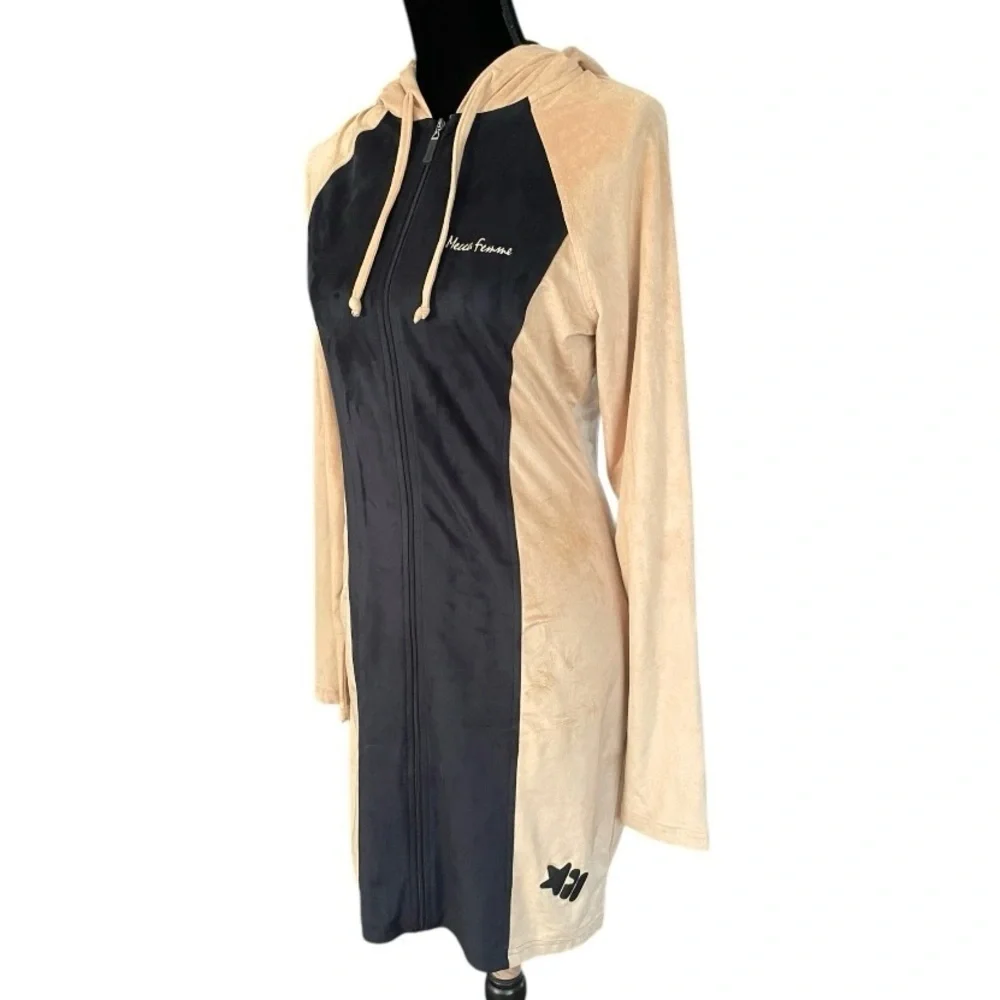 MECCA FEMME Tan & Black Stretchy Faux Suede Hoodie Dress size L Y2K 90’s vintage